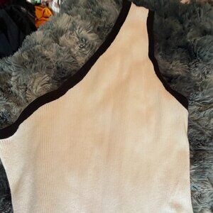 HOT WHITE RIBBED DRESS WITH BLACK DETAIL ON NECKLINE! ONE SHOULDER, 3/4 LENGTH